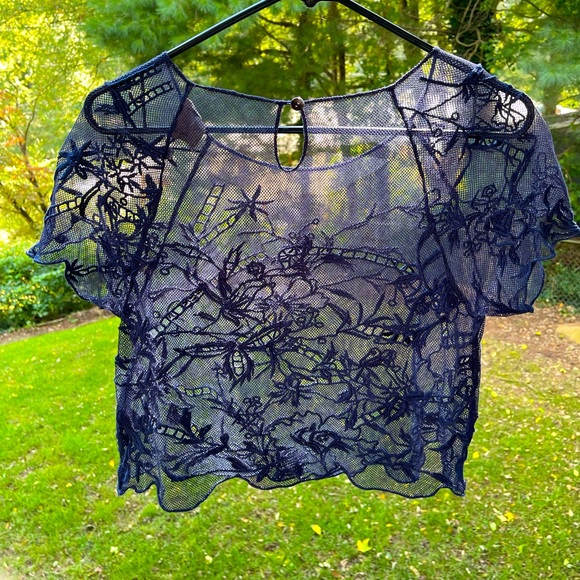 Anthropologie Vanessa Virginia Sheer crop top mesh cutout in Navy - Picture 2 of 4